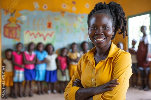 African teacher smiling with arms crossed in front of students in classroom