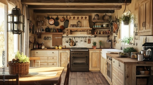 Rustic farmhouse kitchen featuring classic wooden furniture, vintage decor, and a cozy, inviting atmosphere, ideal for a homey cooking experience.