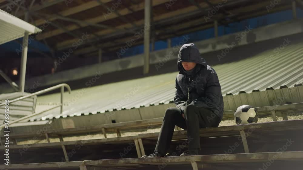 A man dressed in a black outfit and jacket sits quietly and alone in a dimly lit stadium, his hands clasped between his legs, with a soccer ball nearby A man dressed in a black outfit and jacket sits quietly and alone in a dimly lit stadium, his hands clasped between his legs, with a soccer ball nearby