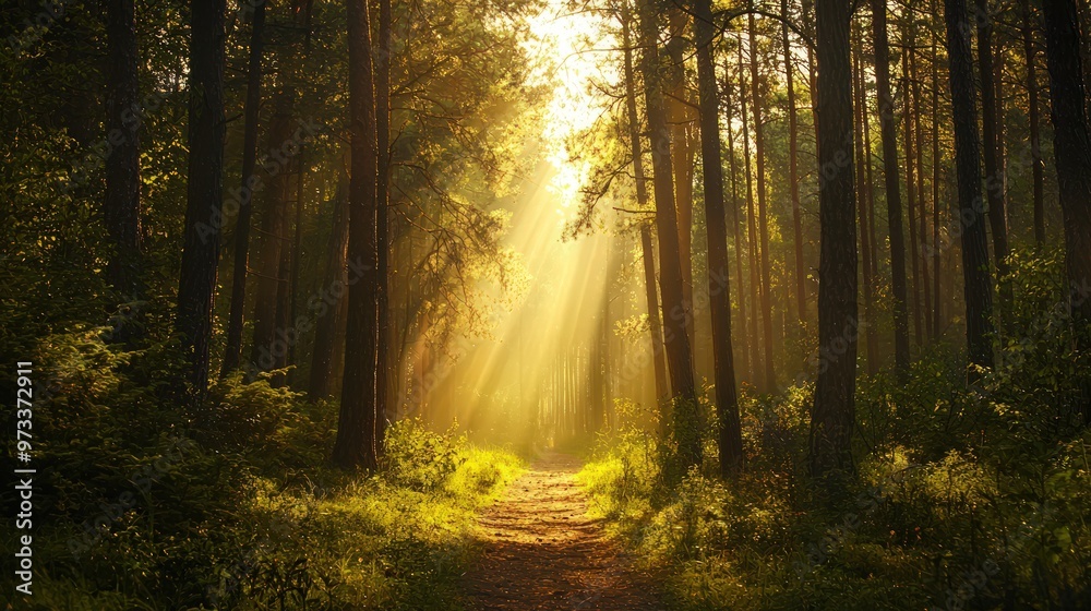 Sunlight pierces the canopy of tall trees, casting light on a tranquil woodland trail. Sunlight pierces the canopy of tall trees, casting light on a tranquil woodland trail.