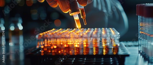 Scientific samples in microplate being prepared for research in laboratory