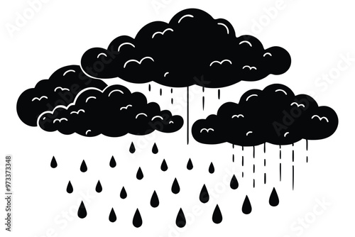 Cloud with rain drop. Outline and silhouette vector illustration isolated on white background. Weather icon. Cloud and raindrops