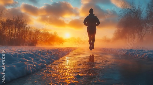 A young athlete training in the early morning, their breath visible in the cold air, symbolizing the dedication and endurance required to achieve personal goals