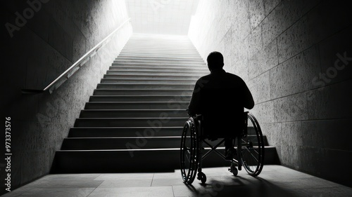 Disabled person in a wheelchair standing before a staircase looking up created with Generative AI