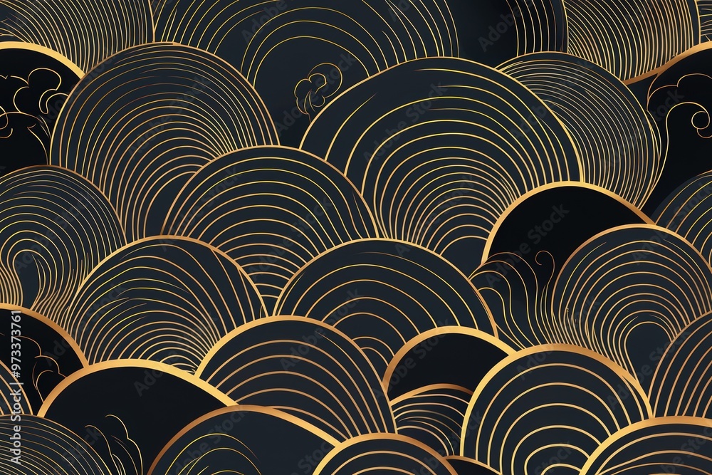 Vector illustration of an art deco pattern featuring wavy, luxurious lines in a Japanese-inspired design, perfect for sophisticated wall art. Vector illustration of an art deco pattern featuring wavy, luxurious lines in a Japanese-inspired design, perfect for sophisticated wall art.