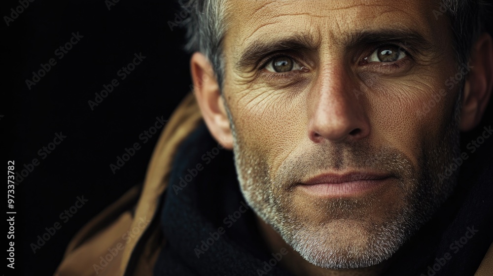 Intense Portrait of a Mature Man with Grey Stubble and Piercing Eyes Intense Portrait of a Mature Man with Grey Stubble and Piercing Eyes