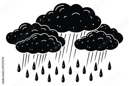 Cloud with rain drop. Outline and silhouette vector illustration isolated on white background. Weather icon. Cloud and raindrops