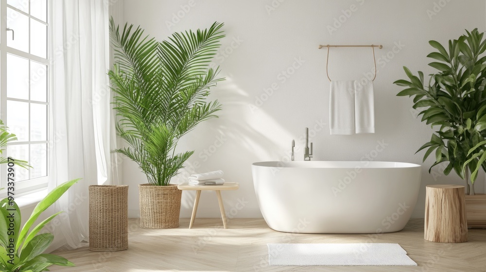 Serene Modern Bathroom with Freestanding Tub and Green Plants Serene Modern Bathroom with Freestanding Tub and Green Plants