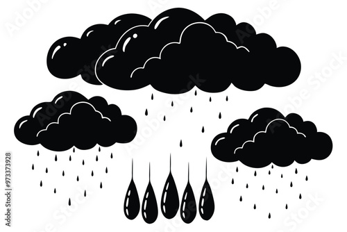 Cloud with rain drop. Outline and silhouette vector illustration isolated on white background. Weather icon. Cloud and raindrops