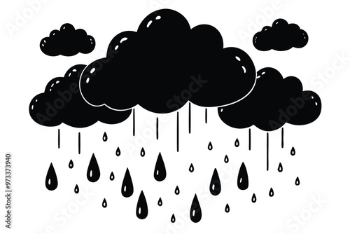 Cloud with rain drop. Outline and silhouette vector illustration isolated on white background. Weather icon. Cloud and raindrops