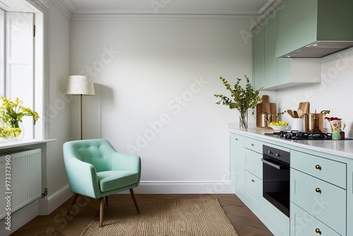 Stylish Kitchen Nook Featuring Mint Armchair Against Clean White Wall