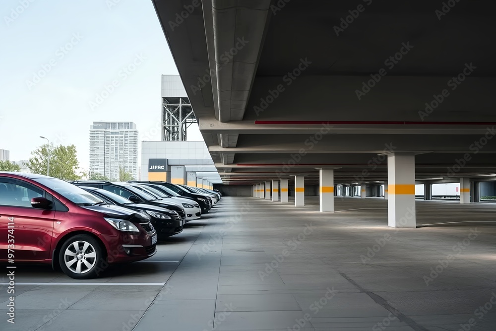 Modern Underground City Car Park with Neon Lighting – Large Industrial Interior with Concrete Floors, Rows of Vehicles Modern Underground City Car Park with Neon Lighting – Large Industrial Interior with Concrete Floors, Rows of Vehicles