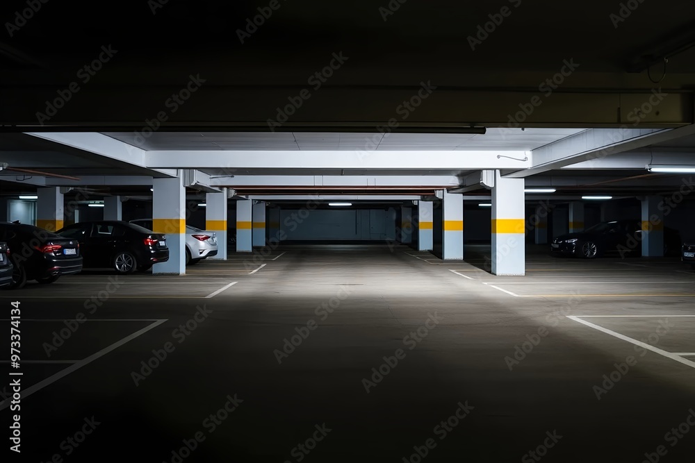 Modern Underground City Car Park with Neon Lighting – Large Industrial Interior with Concrete Floors, Rows of Vehicles Modern Underground City Car Park with Neon Lighting – Large Industrial Interior with Concrete Floors, Rows of Vehicles