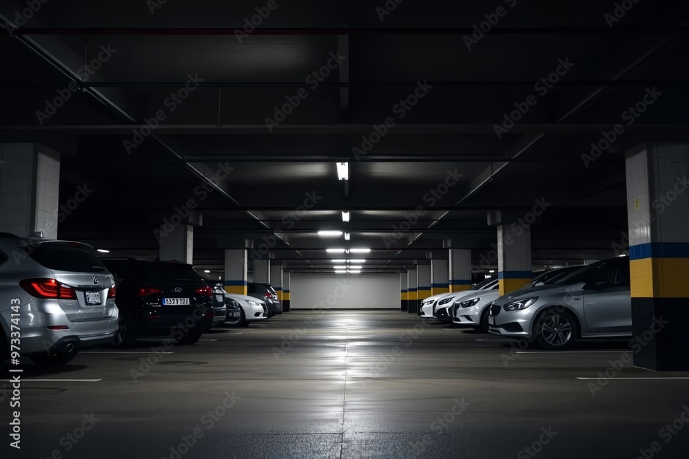 Modern Underground City Car Park with Neon Lighting – Large Industrial Interior with Concrete Floors, Rows of Vehicles Modern Underground City Car Park with Neon Lighting – Large Industrial Interior with Concrete Floors, Rows of Vehicles