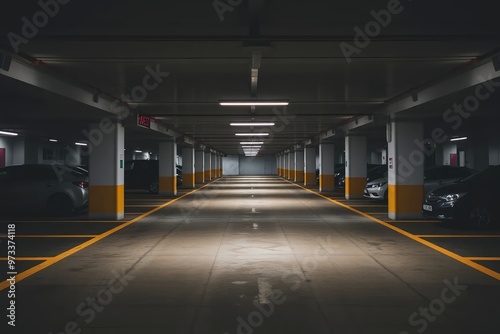 Modern Underground City Car Park with Neon Lighting – Large Industrial Interior with Concrete Floors, Rows of Vehicles