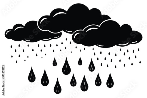 Cloud with rain drop. Outline and silhouette vector illustration isolated on white background. Weather icon. Cloud and raindrops