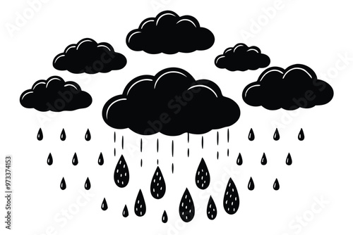 Cloud with rain drop. Outline and silhouette vector illustration isolated on white background. Weather icon. Cloud and raindrops