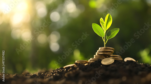 A young plant sprout grows from a pile of gold coins in fertile soil.  Sunlight shines through the leaves. photo