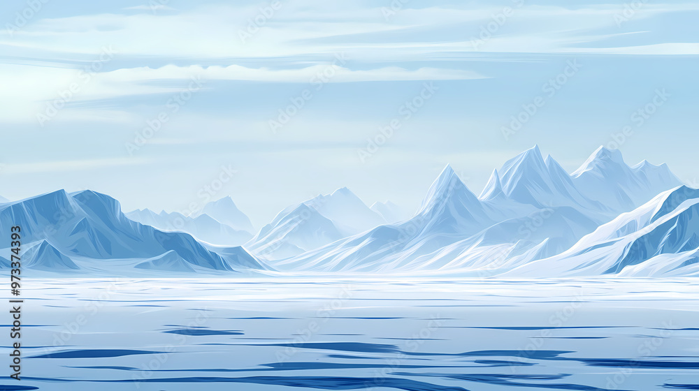 Endless icy plains with distant mountains - serene arctic landscape showing an ice-covered expanse leading to distant snow-laden mountains. Tundra. Illustration Endless icy plains with distant mountains - serene arctic landscape showing an ice-covered expanse leading to distant snow-laden mountains. Tundra. Illustration