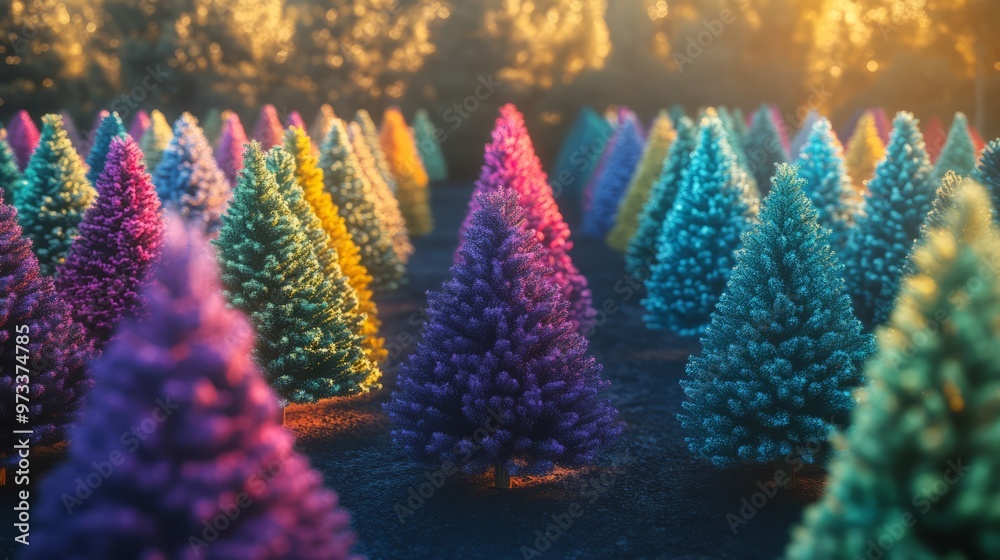 Fototapeta premium Heatmap of a Christmas tree lot, with vibrant colors showing the most popular trees and cooler tones in the less frequented sections. 4K hyperrealistic photo.