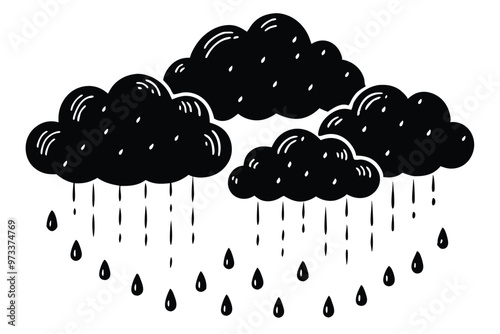 Cloud with rain drop. Outline and silhouette vector illustration isolated on white background. Weather icon. Cloud and raindrops