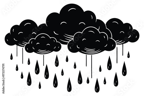 Cloud with rain drop. Outline and silhouette vector illustration isolated on white background. Weather icon. Cloud and raindrops