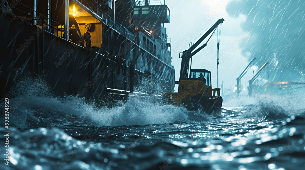 A yellow tugboat navigates through rough seas in a storm, with a large ship and other vessels in the background. A yellow tugboat navigates through rough seas in a storm, with a large ship and other vessels in the background.