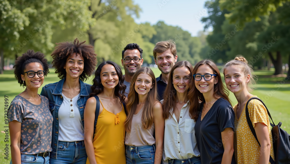 Diverse group of friends smiling and standing together in a park on a sunny day, showing unity and happiness Diverse group of friends smiling and standing together in a park on a sunny day, showing unity and happiness