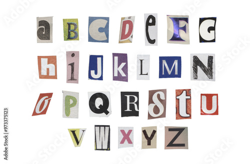 Set of cut-out English alphabet from magazines on a transparent background, retro y2k style