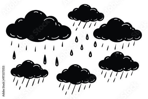 Cloud with rain drop. Outline and silhouette vector illustration isolated on white background. Weather icon. Cloud and raindrops