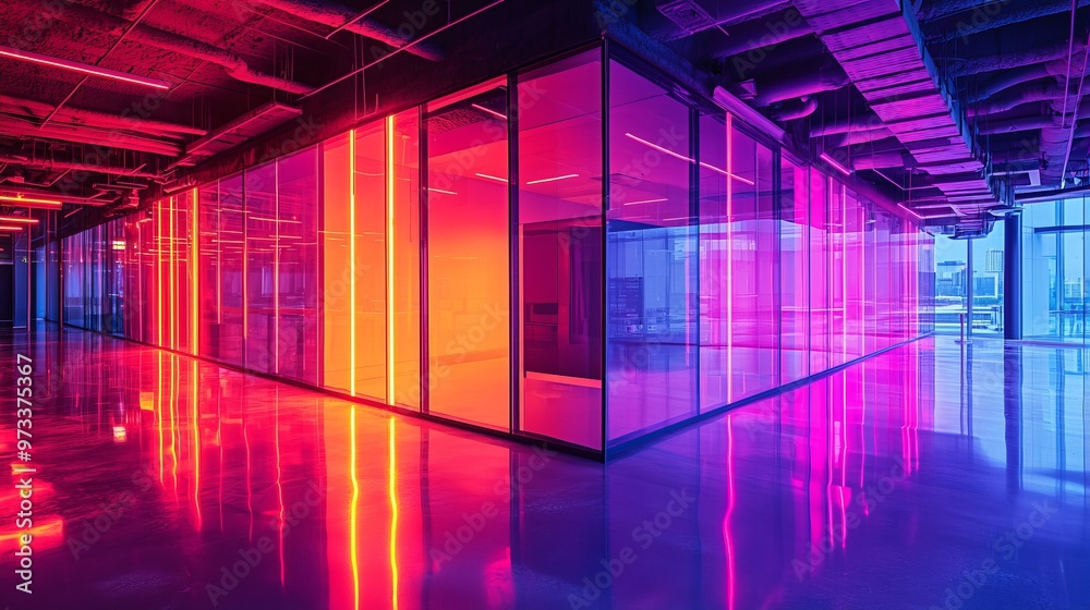Fototapeta premium A cutting-edge design of an office space enclosed in glass with vibrant neon lights reflecting on glossy floors