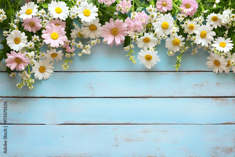 White and pink daisies on a light blue wooden background. White and pink daisies on a light blue wooden background.