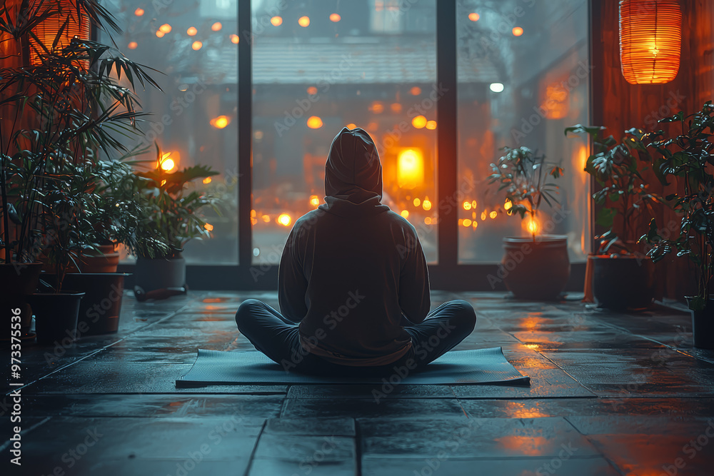 An individual practicing mindfulness and meditation in a peaceful corner of the gym, emphasizing mental fitness. Concept of holistic fitness and relaxation. An individual practicing mindfulness and meditation in a peaceful corner of the gym, emphasizing mental fitness. Concept of holistic fitness and relaxation.