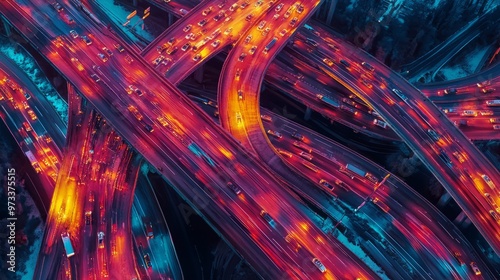 Heatmap of a busy highway, with warm colors highlighting the most congested sections and cooler tones in the less trafficked lanes. 4K hyperrealistic photo. photo