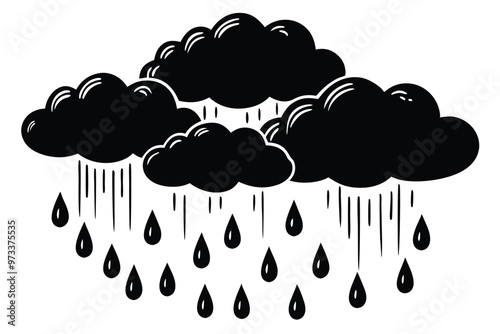 Cloud with rain drop. Outline and silhouette vector illustration isolated on white background. Weather icon. Cloud and raindrops