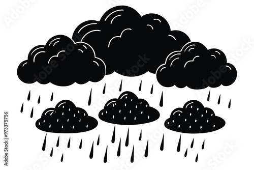 Cloud with rain drop. Outline and silhouette vector illustration isolated on white background. Weather icon. Cloud and raindrops