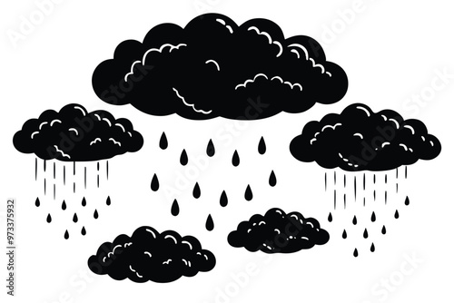 Cloud with rain drop. Outline and silhouette vector illustration isolated on white background. Weather icon. Cloud and raindrops