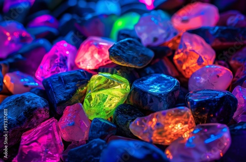 Colorful neon glowing rocks shining in the dark