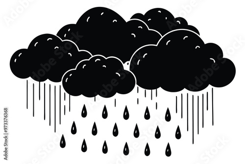 Cloud with rain drop. Outline and silhouette vector illustration isolated on white background. Weather icon. Cloud and raindrops