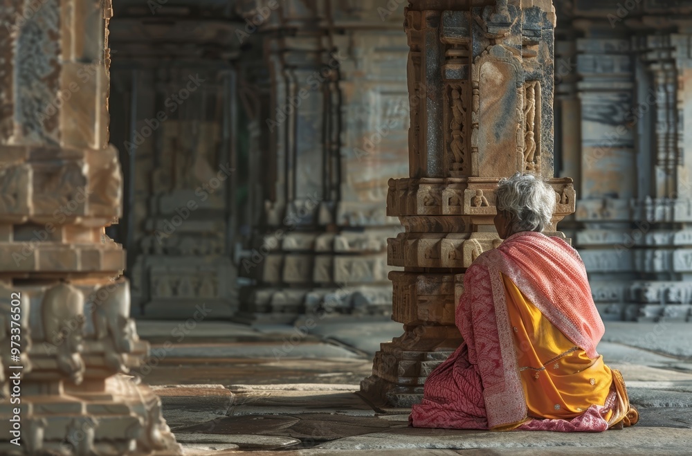Elderly woman praying in ancient temple in india Elderly woman praying in ancient temple in india