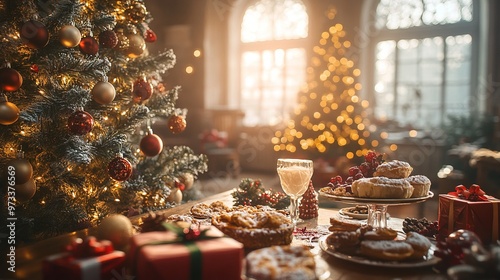 Cozy Christmas morning scene with a tree, presents, and a breakfast table set with holiday treats. 4K hyperrealistic photo.