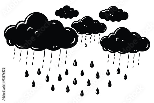 Cloud with rain drop. Outline and silhouette vector illustration isolated on white background. Weather icon. Cloud and raindrops