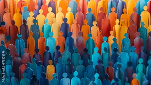 This image features a lively assembly of colorful paper human figures set against a gradient background, symbolizing unity and diversity with vibrant hues from blue to orange. photo