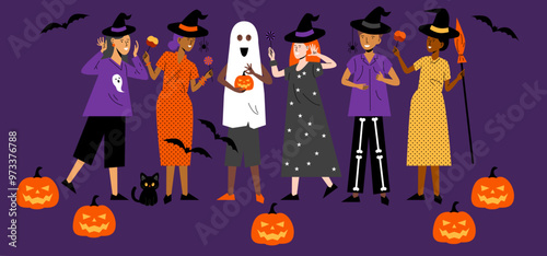 Halloween party background, people in Halloween costumes. Halloween , group of teens in Halloween costume