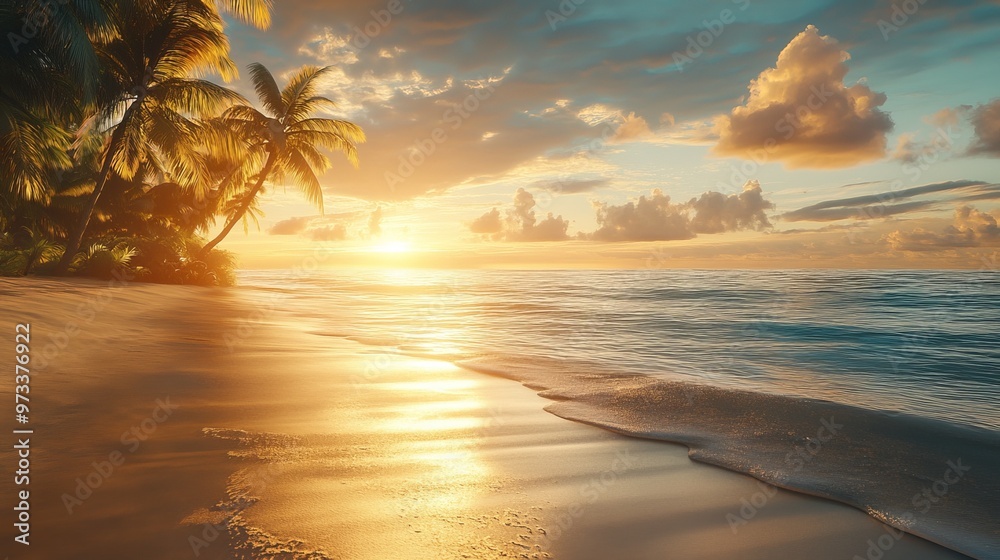 Serene tropical beach at sunrise, with the first light of day casting a golden glow over the sand and water. 4K hyperrealistic photo. Serene tropical beach at sunrise, with the first light of day casting a golden glow over the sand and water. 4K hyperrealistic photo.