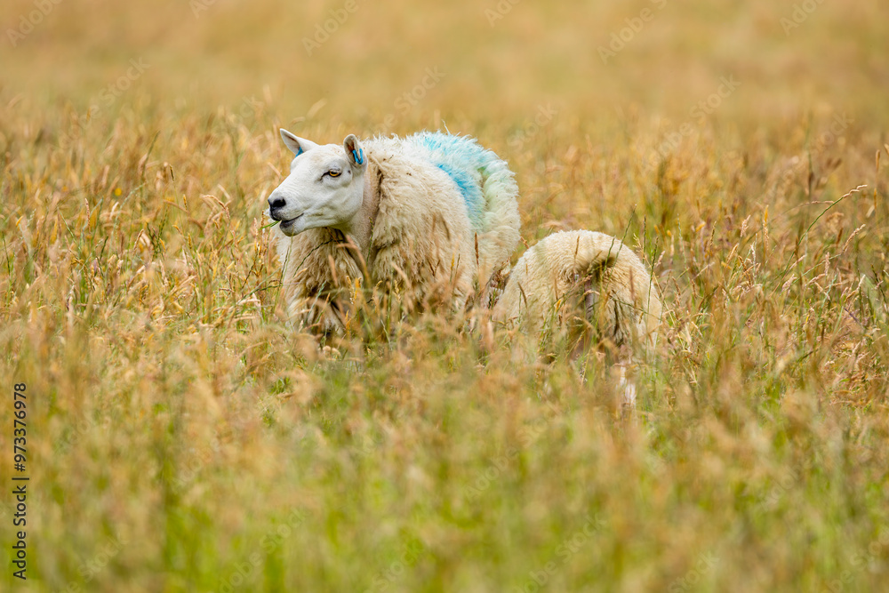 Fototapeta premium Ewe sheep with ear tags and wool fleece with big lamb grazing in field of tall yellow grass