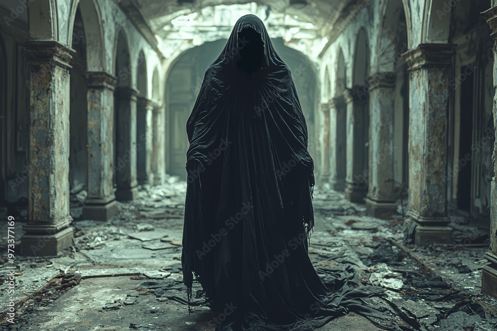 A sinister, shadowy figure with a faceless visage and long, flowing robes, drifting through an abandoned mansion. Concept of spectral entities and haunted locations. A sinister, shadowy figure with a faceless visage and long, flowing robes, drifting through an abandoned mansion. Concept of spectral entities and haunted locations.
