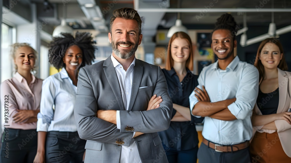 Confident business leader standing with diverse team Confident business leader standing with diverse team