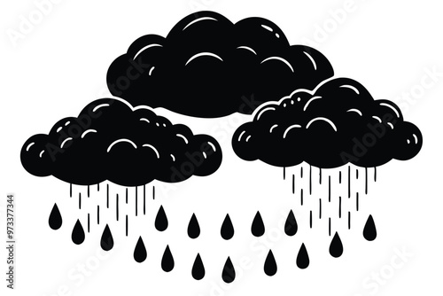 Cloud with rain drop. Outline and silhouette vector illustration isolated on white background. Weather icon. Cloud and raindrops