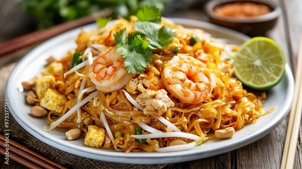 Pad thai noodles with shrimps and peanuts being served on plate Pad thai noodles with shrimps and peanuts being served on plate